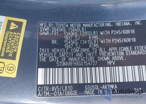 2016 Toyota Highlander Xle V6 from USA, damaged, VIN 5TDKKRFHXGS154727